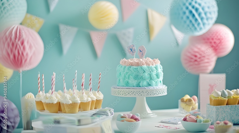 Cheerful Child s Birthday Party with Colorful Themed and Cake Festive with balloons confetti and a delicious birthday cake Cheerful Child s Birthday Party with Colorful Themed and Cake Festive with balloons confetti and a delicious birthday cake