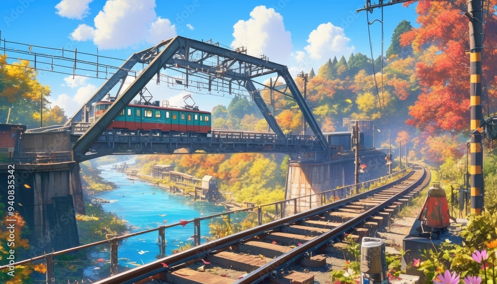 Naklejka premium Train crossing a bridge over a blue river, surrounded by autumn trees.