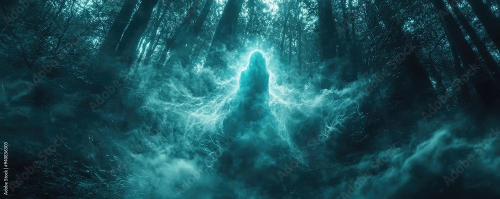 Mystical forest scene with ethereal figure illuminated by blue light, surrounded by mist and tall trees, creating a haunting atmosphere.
