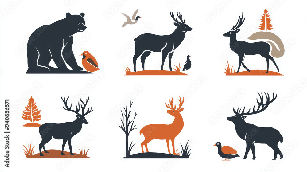 Wild animals and birds for hunting club design templates. Includes vector icons of a grizzly bear, wild boar, wolf, hare or rabbit, deer, elk or reindeer, and duck. Perfect for hunter open season. Wild animals and birds for hunting club design templates. Includes vector icons of a grizzly bear, wild boar, wolf, hare or rabbit, deer, elk or reindeer, and duck. Perfect for hunter open season.