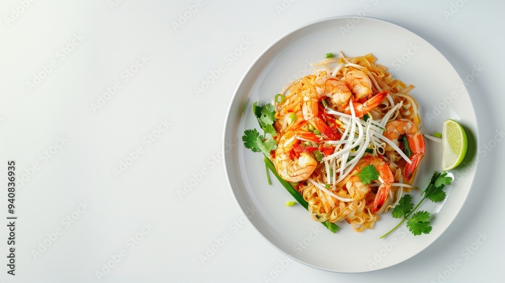 Pad Thai with fresh shrimp on a white background placed on a beautiful plate. Looks very appetizing and realistic Pad Thai with fresh shrimp on a white background placed on a beautiful plate. Looks very appetizing and realistic