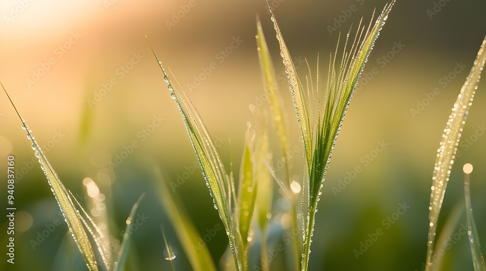 A highly detailed, macro close-up of delicate, dew-kissed grass blades in the soft, warm, golden light of early morning, with each blade gently swaying and casting a subtle shadow, showcasing the intr A highly detailed, macro close-up of delicate, dew-kissed grass blades in the soft, warm, golden light of early morning, with each blade gently swaying and casting a subtle shadow, showcasing the intr