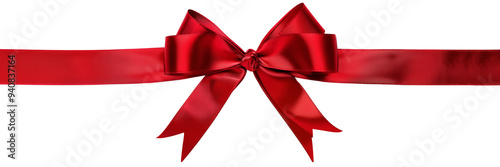 Red satin gift ribbon and bow isolated on white or transparent background, Christmas or birthday or Valentine's Day holiday celebration, png cut out