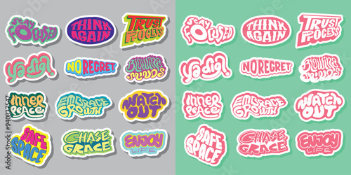 Cool Colorful Short Quotes Vector Stickers. Collection of Hand Drawn Groovy Typography
