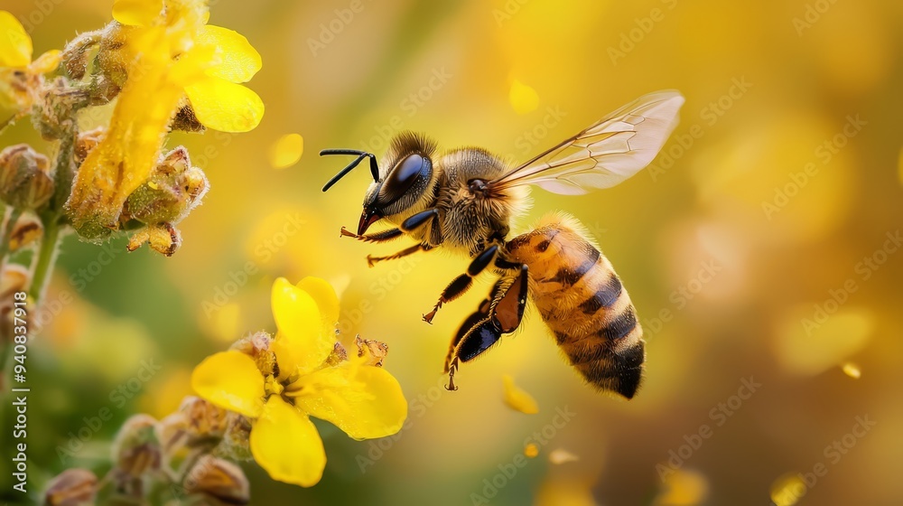 A bee closely interacting with a yellow flower, surrounded by a background of yellow blooms The bee in the foreground is slightly out of focus A bee closely interacting with a yellow flower, surrounded by a background of yellow blooms The bee in the foreground is slightly out of focus
