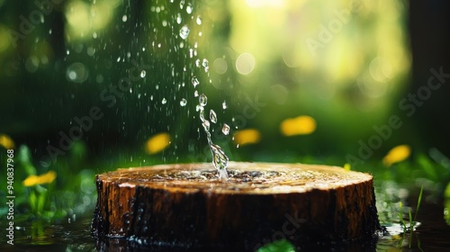 Close-Up of Water Droplets Splashing on a Tree Stump in a Sunlit Green Forest