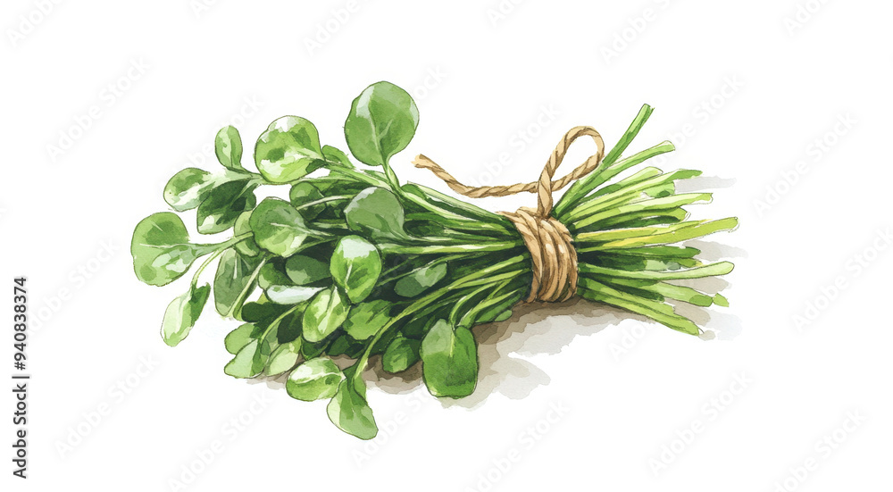 Illustration of bundle of fresh microgreens tied with twine, on a white background. Concept of healthy eating, fresh produce and vegan Illustration of bundle of fresh microgreens tied with twine, on a white background. Concept of healthy eating, fresh produce and vegan