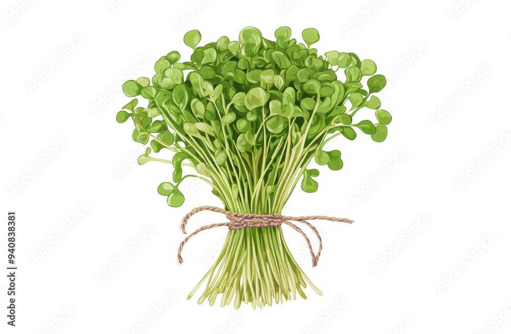 Illustration of bundle of fresh microgreens tied with twine, on a white background. Concept of healthy eating, fresh produce and vegan Illustration of bundle of fresh microgreens tied with twine, on a white background. Concept of healthy eating, fresh produce and vegan