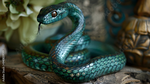 Intricately Carved Green Wooden Snake Figurine. chinese goroskop 2025 photo