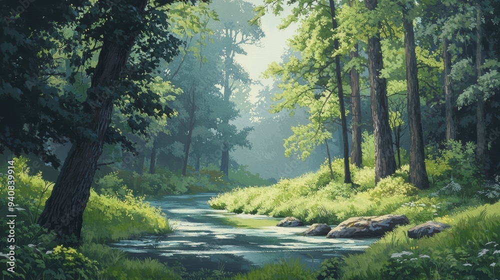 Fototapeta premium Beautiful Summer Morning in a Serene Sunlit Forest Landscape with a Flowing Stream