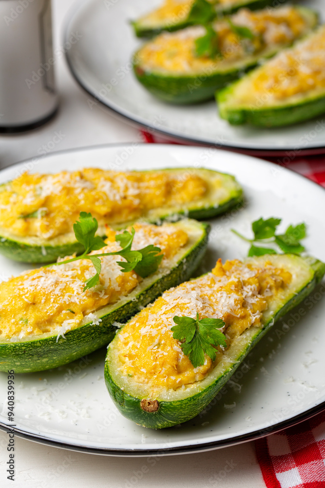 Close-up of Baked Zucchini boats stuffed with ricotta cheese and tuna fish, parmesan cheese. Vertical image. Close-up of Baked Zucchini boats stuffed with ricotta cheese and tuna fish, parmesan cheese. Vertical image.