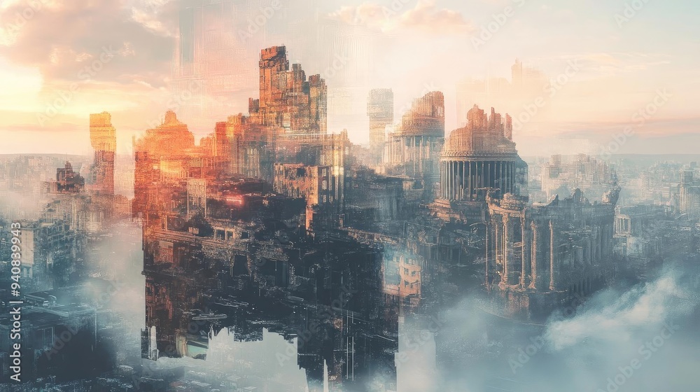 A surreal landscape featuring towering structures floating above a misty horizon, illuminated by a warm sunset glow. A surreal landscape featuring towering structures floating above a misty horizon, illuminated by a warm sunset glow.