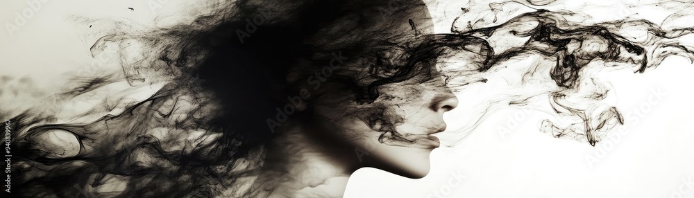 A striking silhouette of a woman with flowing black hair, symbolizing mystery and elegance through fluid art and compositional contrast. A striking silhouette of a woman with flowing black hair, symbolizing mystery and elegance through fluid art and compositional contrast.