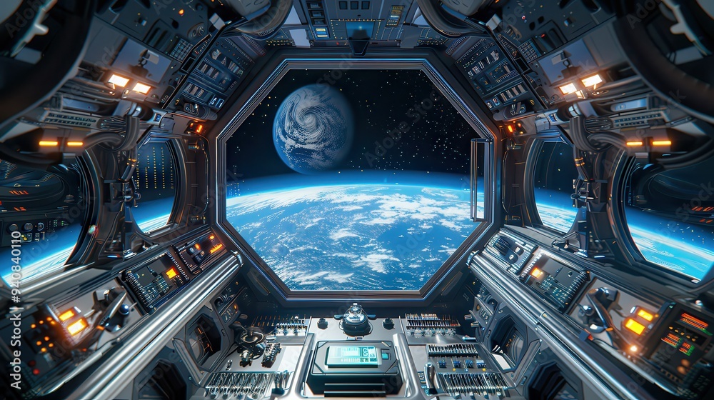 Spaceship Interior: Spectacular View of Earth from Space Station Spaceship Interior: Spectacular View of Earth from Space Station