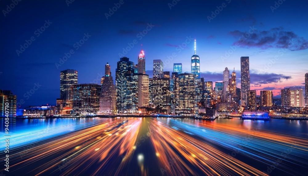 Fototapeta premium A vibrant city skyline at night.