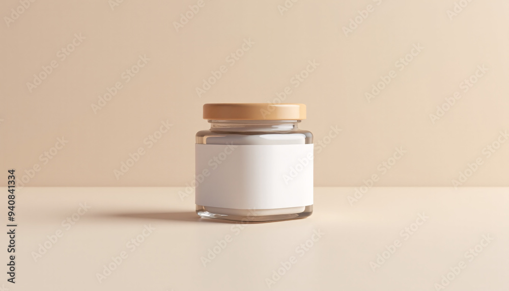 Mock up blank product label on a small square glass jar, placed on a soft background Mock up blank product label on a small square glass jar, placed on a soft background