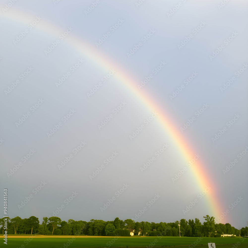 Rainbow arching across a cloudy sky after a rainstorm, colorful weather phenomenon Rainbow arching across a cloudy sky after a rainstorm, colorful weather phenomenon