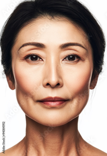 Close-up studio portrait of a beautiful Japanese woman in her fifties, with a neutral expression on her face, against a white background 