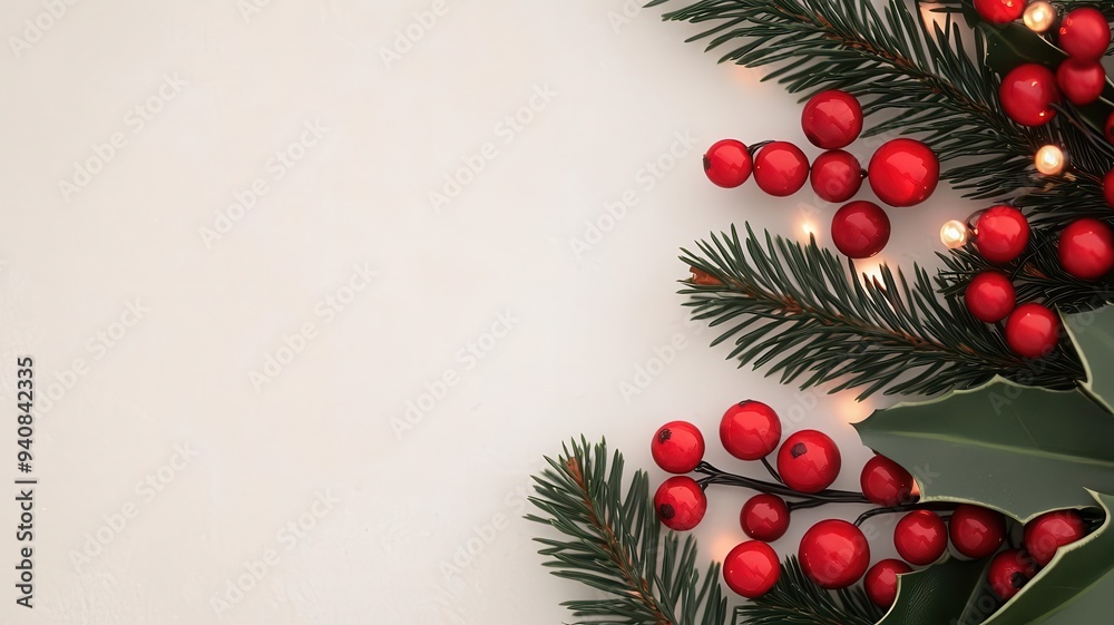 Soft-focus Christmas lights in the background with garlands of evergreen and holly berries framing the edges, creating a subtle holiday ambiance, subtle holiday, festive lights Soft-focus Christmas lights in the background with garlands of evergreen and holly berries framing the edges, creating a subtle holiday ambiance, subtle holiday, festive lights