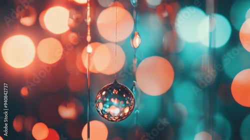  A Christmas ornament suspends from a string, with a bouquet of multi-colored lights forming the background photo