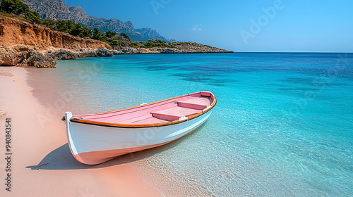 A wooden boat rests on a sandy beach, with the ocean in the background. The colors of the beach and the ocean are vibrant and inviting.