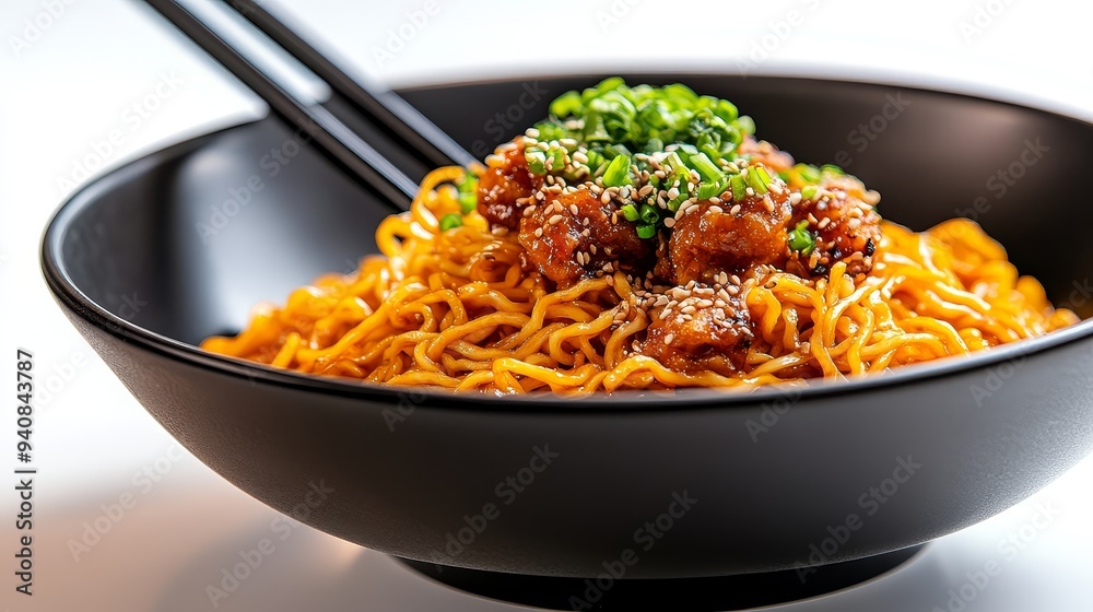 Delicious Sesame Noodles with Chicken and Green Onions in a Black Bowl