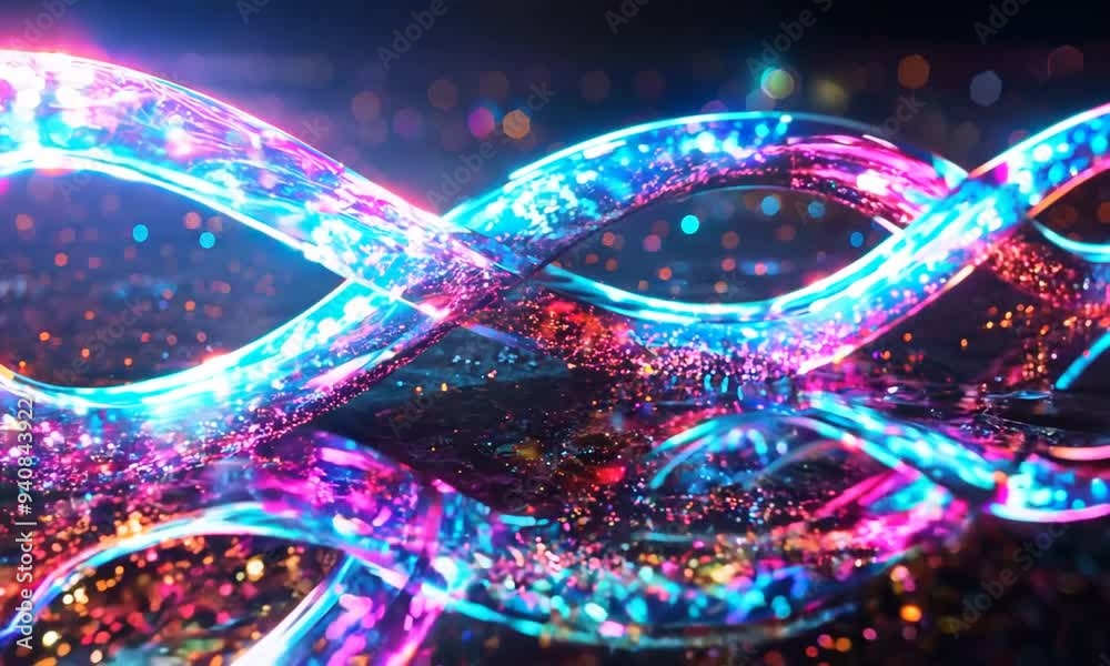 A glowing, shimmering infinity symbol in pink and blue, reflecting on a wet surface with warm orange bokeh lights in the background A glowing, shimmering infinity symbol in pink and blue, reflecting on a wet surface with warm orange bokeh lights in the background