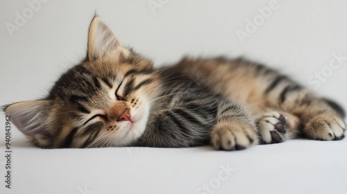 Cute cat sleeping, adorable and relaxed. On white isolated background.