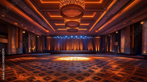 Spacious Event Hall with a Stage Adorned with Soft Lighting and Patterned Carpet