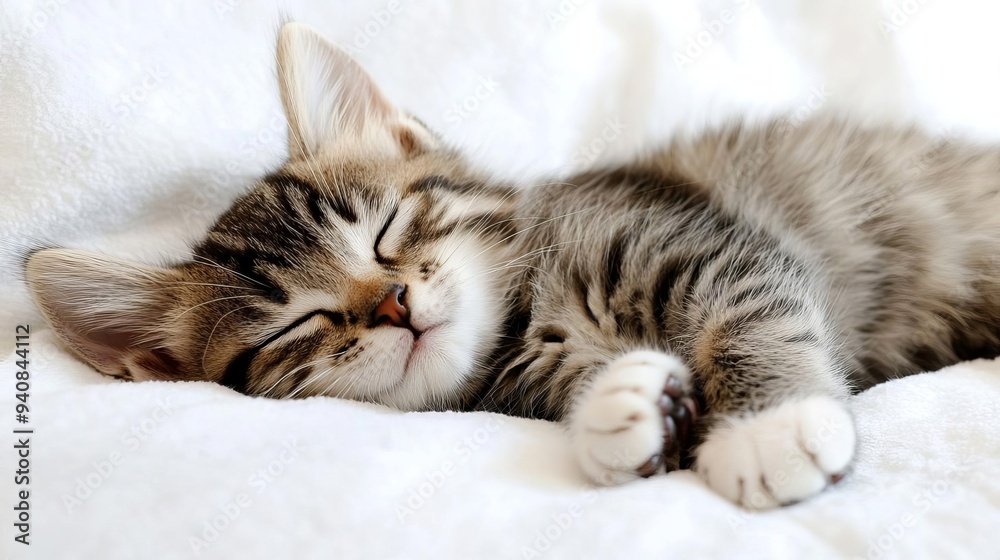 Cute cat sleeping, adorable and relaxed. On white isolated background.