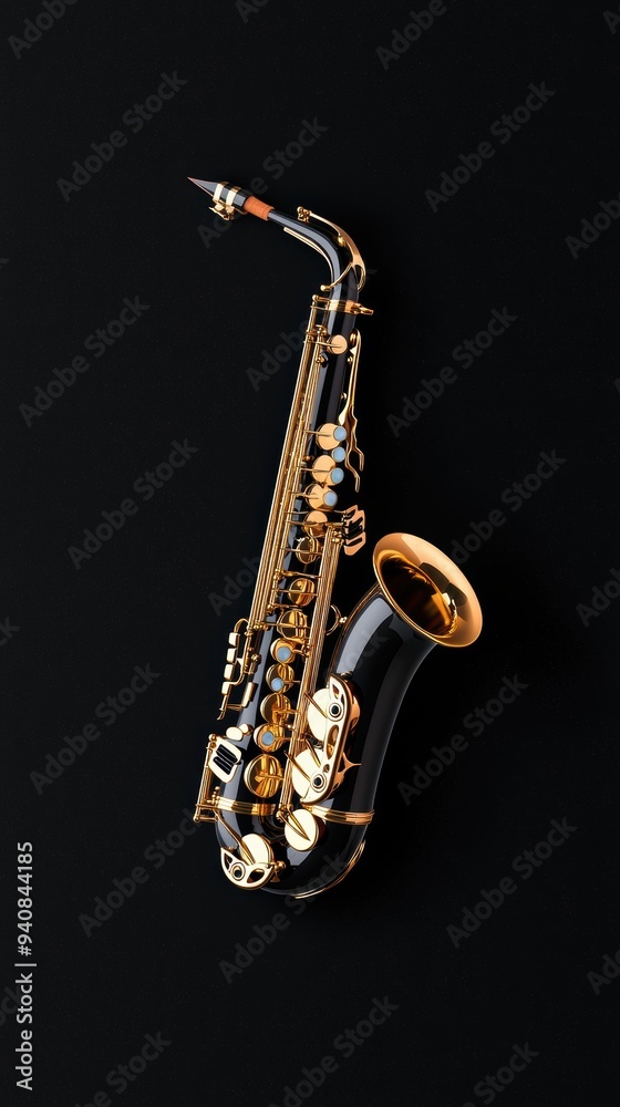 Fototapeta premium Elegant Saxophone on Black Background with Shiny Gold Details Emphasizing Musical Instruments