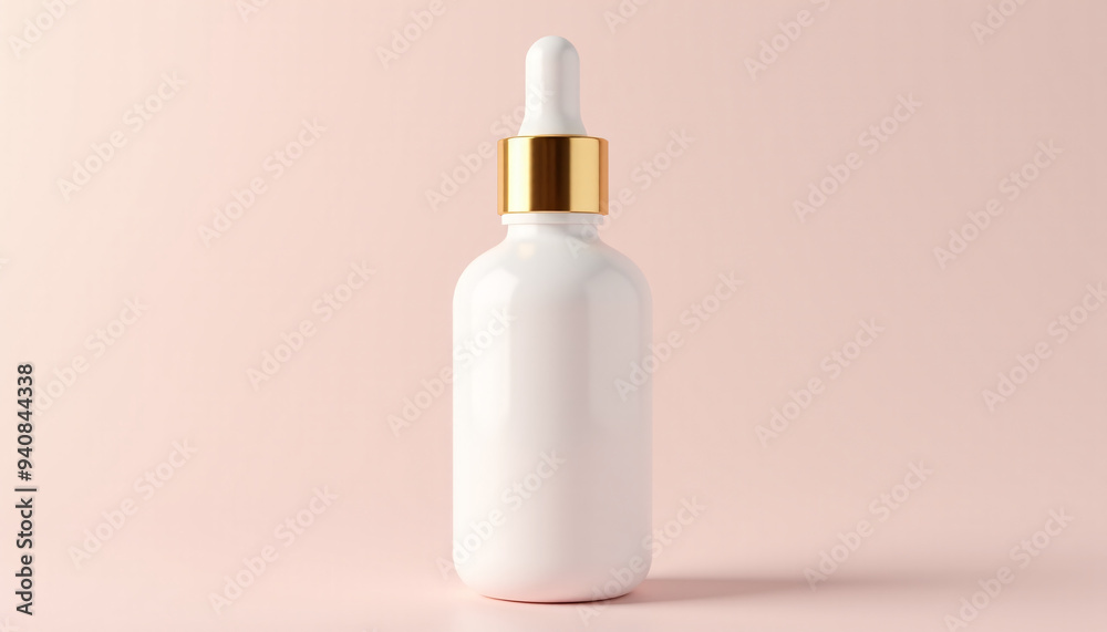 Mock up blank cosmetic dropper bottle with gold cap, placed on a pastel background Mock up blank cosmetic dropper bottle with gold cap, placed on a pastel background