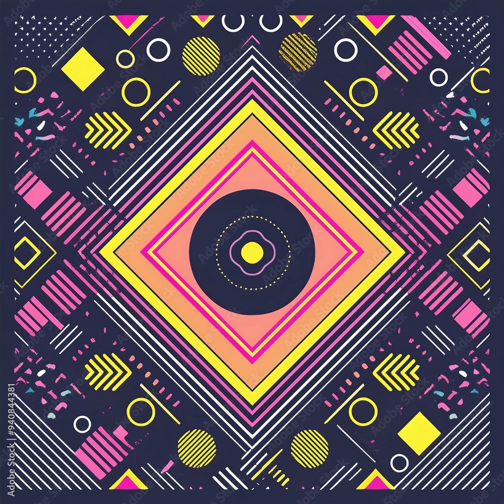 A vibrant abstract geometric pattern featuring a mix of black, white, pink, blue, and yellow A vibrant abstract geometric pattern featuring a mix of black, white, pink, blue, and yellow