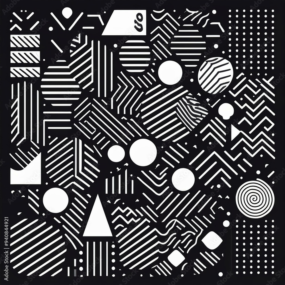 A monochrome geometric mosaic featuring an array of shapes including circles, triangles, and rectangles. A monochrome geometric mosaic featuring an array of shapes including circles, triangles, and rectangles.