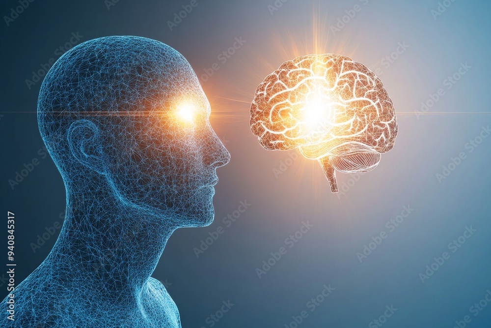 Obraz premium Abstract Illustration of Two Figures with Glowing Brains: Exploring Cognitive Connection Thought Processes and the Interplay Between Intellect and Emotion