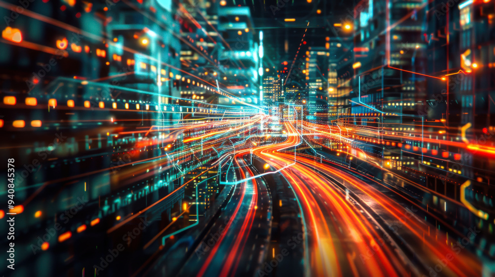 Fototapeta premium Nighttime cityscape with vibrant light trails along busy roads