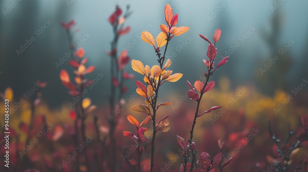 A tight shot of a plant with crimson and gold leaves in front, contrasting against a blue backdrop A tight shot of a plant with crimson and gold leaves in front, contrasting against a blue backdrop