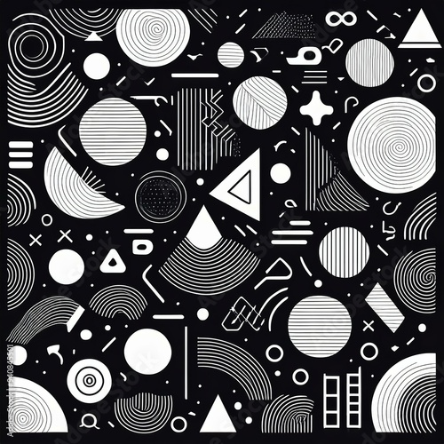  A monochrome geometric mosaic featuring an array of shapes including circles, triangles, and rectangles. 