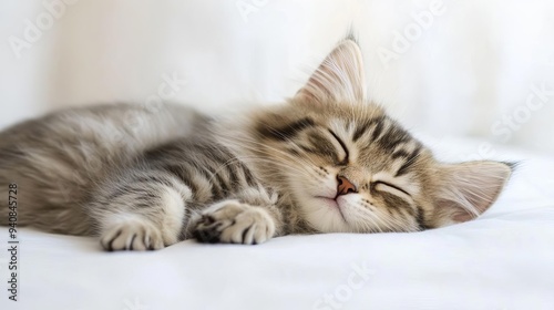 Cute cat sleeping, adorable and relaxed. On white isolated background.