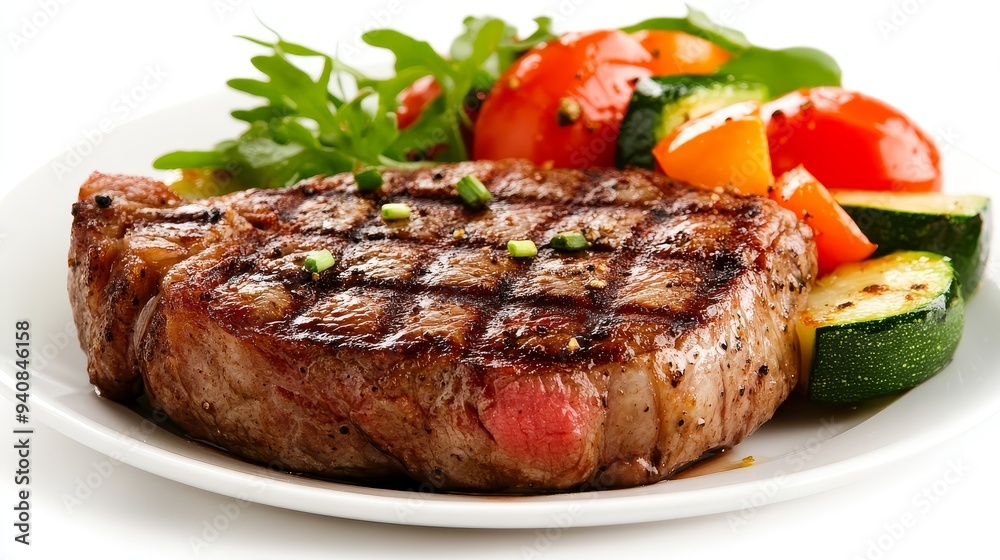 Grilled Steak with Vegetables on a White Plate Grilled Steak with Vegetables on a White Plate