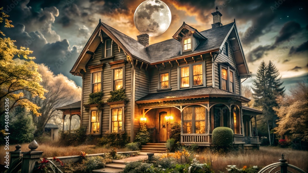 Gothic House with Full Moon and Dark Clouds at Night
Gothic House with Full Moon and Dark Clouds at Night