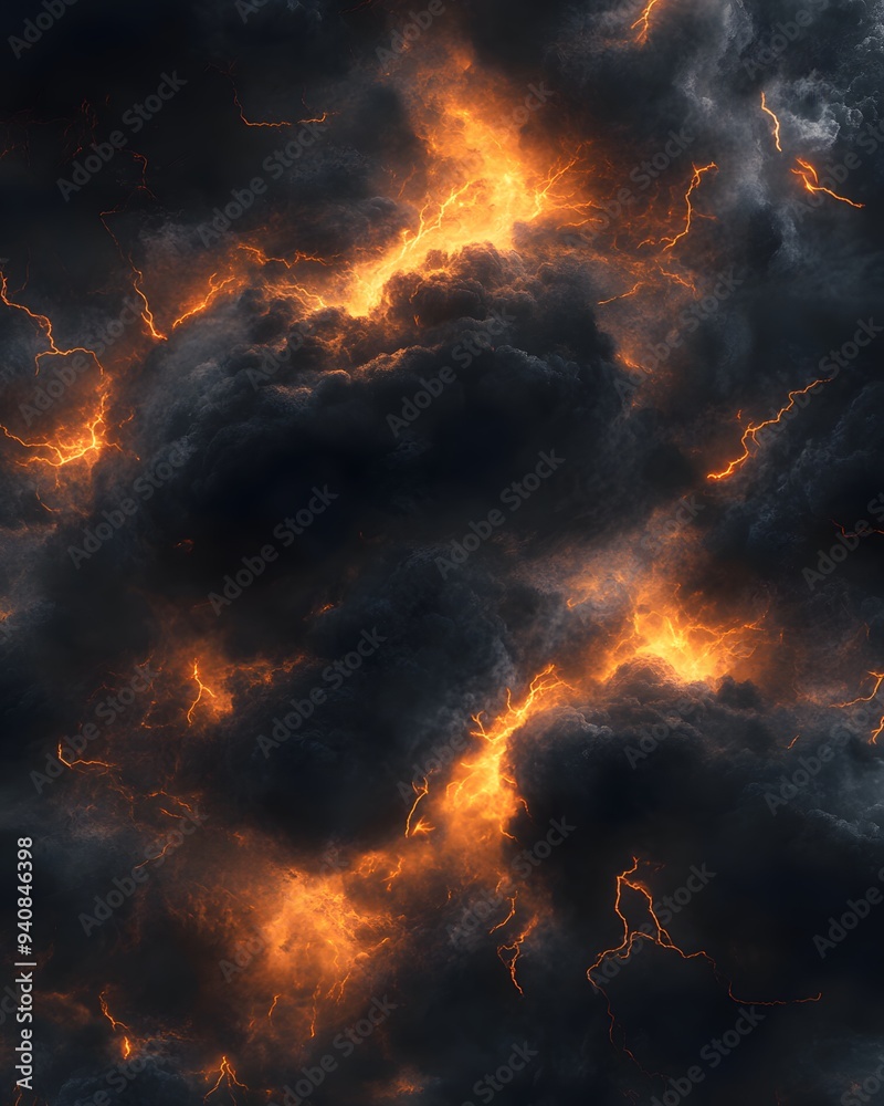 Black sky with orange lightning, dark clouds Black sky with orange lightning, dark clouds