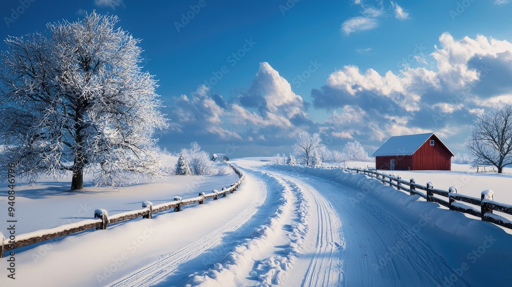 A serene winter landscape showcasing snow-covered road, red barn, and a frosty tree under a bright blue sky. A serene winter landscape showcasing snow-covered road, red barn, and a frosty tree under a bright blue sky.