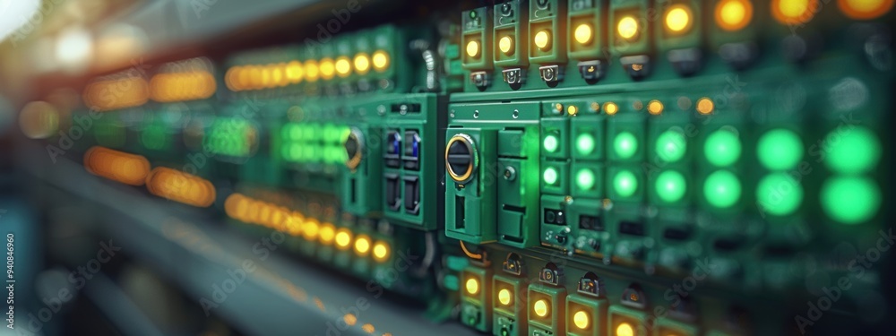 Wires and Circuit Breakers: green electrical wires connected to circuit breakers in a residential fuse box, demonstrating household electrical safety. Wires and Circuit Breakers: green electrical wires connected to circuit breakers in a residential fuse box, demonstrating household electrical safety.
