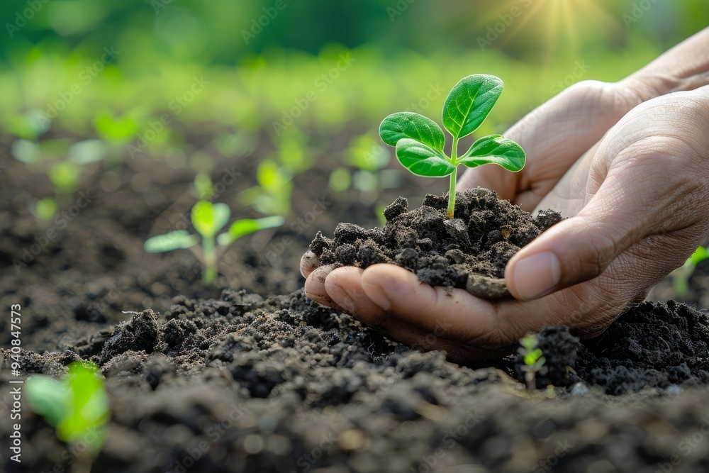Hand holding a young green plant growing from soil with sunlight in the background. AI generated images. Hand holding a young green plant growing from soil with sunlight in the background. AI generated images.