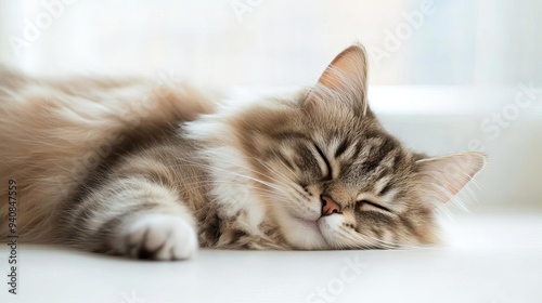 Cute cat sleeping, adorable and relaxed. On white isolated background.