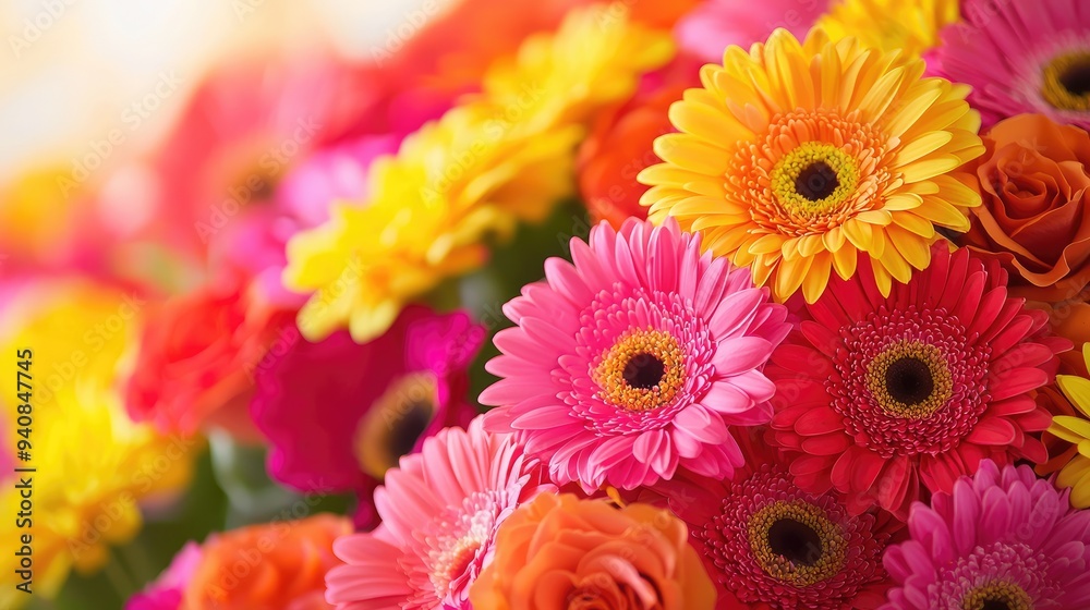 A vibrant display of colorful gerbera daisies in shades of pink, orange, and yellow, perfect for brightening any space. A vibrant display of colorful gerbera daisies in shades of pink, orange, and yellow, perfect for brightening any space.