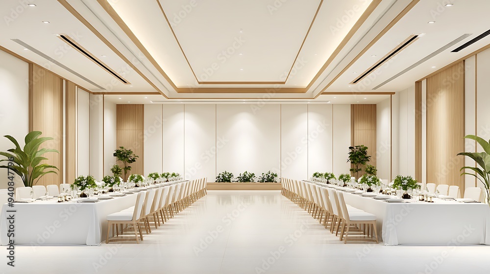 Minimalist Banquet Hall Interior Design with White Walls and Natural ...