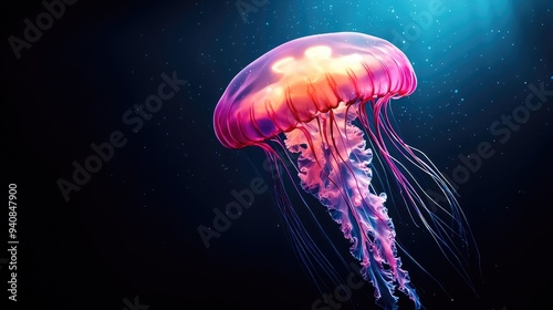 A vibrant jellyfish glides gracefully through the deep ocean, showcasing its mesmerizing colors and delicate tentacles.