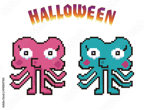 ハロウィン用の8ビットのピクセルアート、デフォルメされた宇宙人型モンスターのアイコン、イラスト。